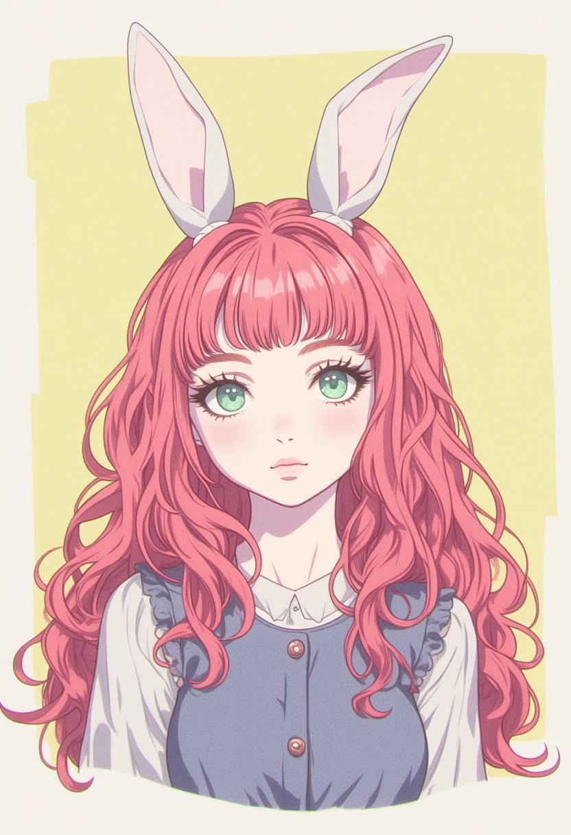 rabbit girl,furry,redhead,green eyes,white rabbit ear,solo,clothing,