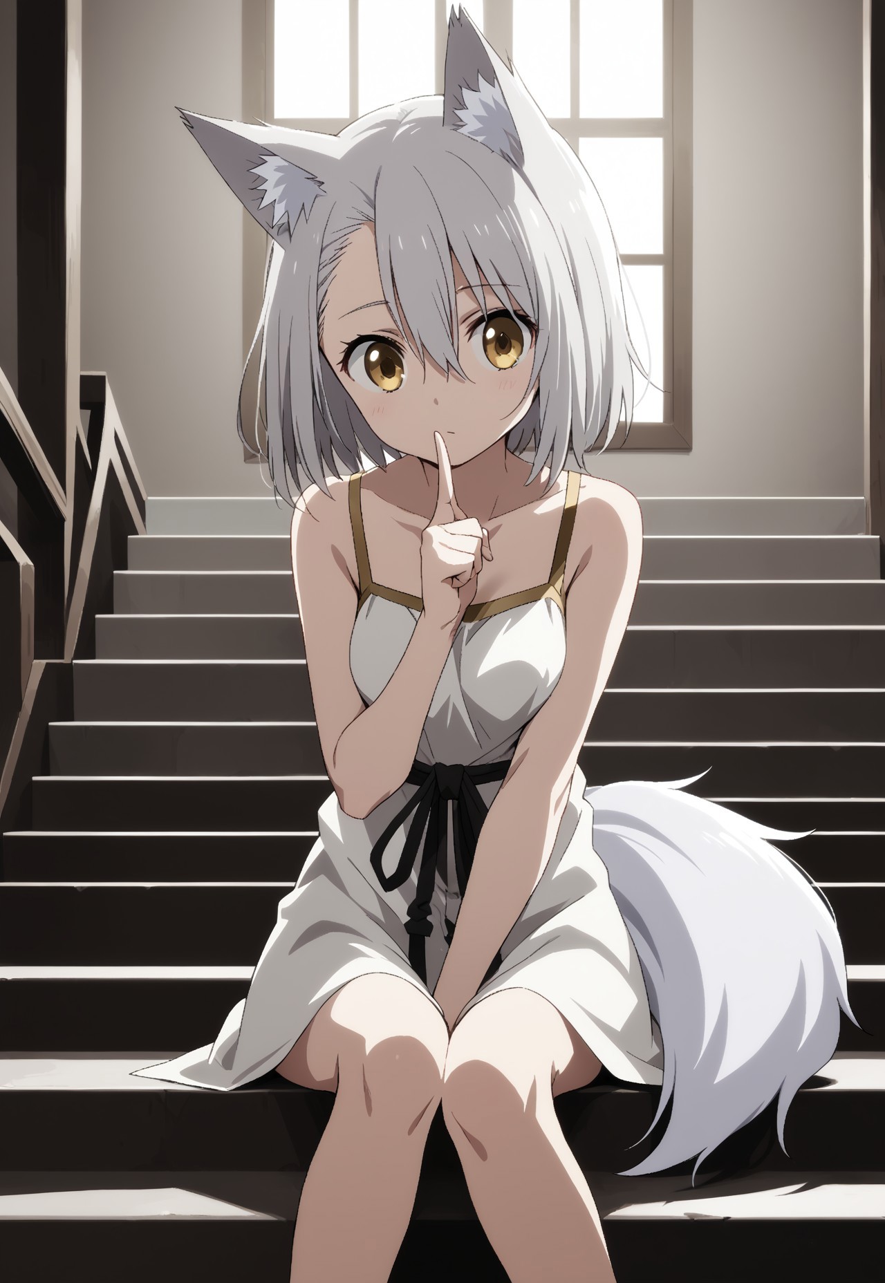 safe_pos, safe_pos, safe_pos, safe_pos, safe_pos, safe_pos, safe_pos, safe_pos, safe_pos, safe_pos, safe_pos, 1 girl, solo focus, silver fox ears, silver fox tail, , Score_9, Score_8_up, Score_7_up, fine details, small face, medium breasts (size B), short straight hair bob hair!, shoulder-length hair,  silver hair (moon silver), big eyes, bright golden eyes (sun gold), straight hair, infinitely cute, pretty, asymmetrical bangs between eyes, loose hair, loose hair over sides of head, hair covering sides of head, masterpiece, anime source, bold colors, soft facial features, petite, cute, very petite and slim, short stature, small body, young,  silver fox ears, silver fox tail

Middle Ages, casual clothing, sitting, sitting on stairs, in front of medieval manor house, index finger to mouth, head tilted to the side, thoughtful look, question mark above head