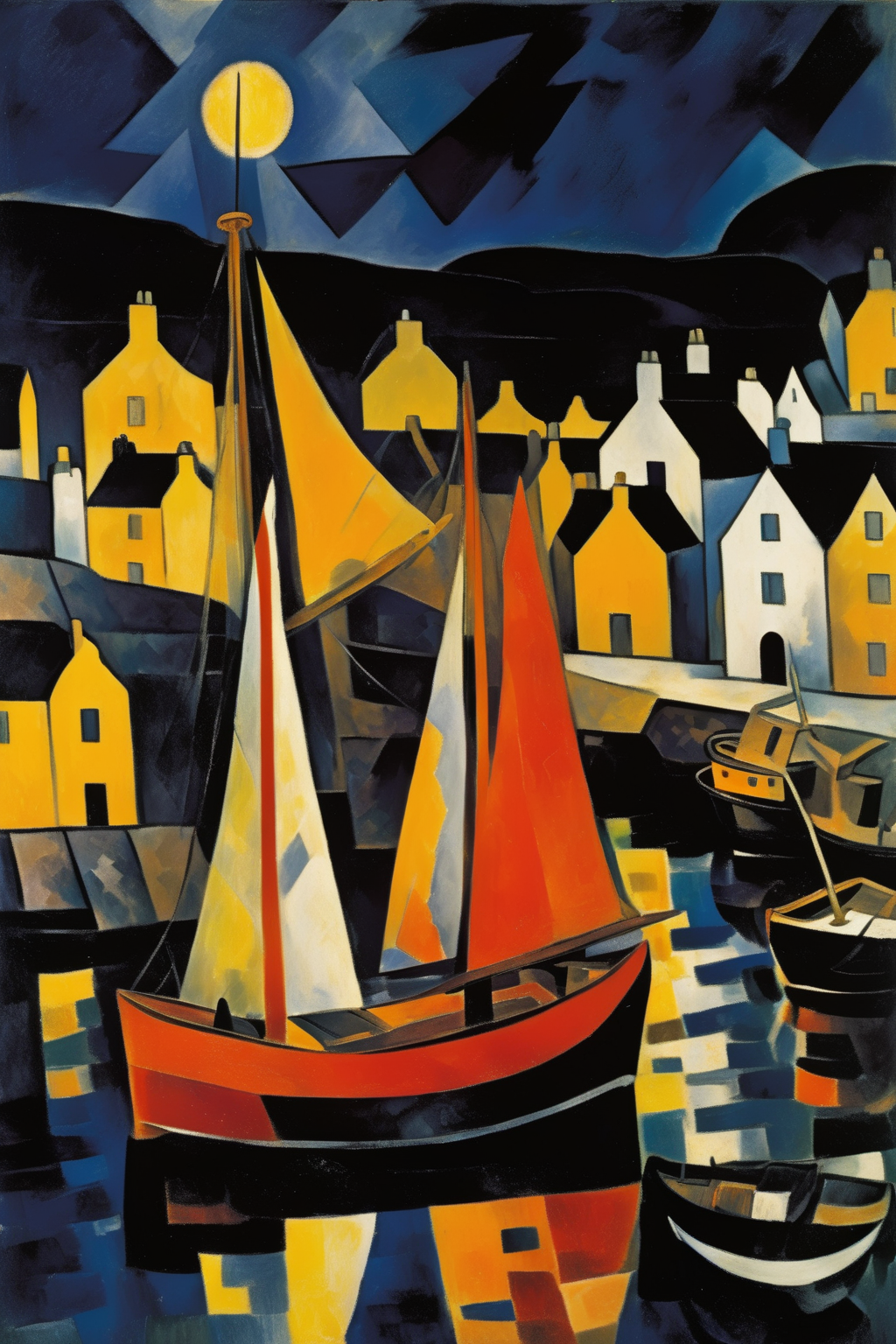 <lora:Maurice de Vlaminck Style:1>Maurice de Vlaminck Style - 102638. A painting by Georges Braque. A painting of Portree Harbour at night showcases the enchanting character and stunning landscape of this Scottish harbor on the Isle of Skye through an innovative blend of geometric forms and vivid colors. The picturesque port, filled with colorful boats and shimmering reflections, is portrayed in abstract shapes, while the surrounding cliffs and dark waters are illustrated in contrasting shades of blue, black, and yellow. The composition captures the captivating spirit and unique beauty of Portree Harbour at night.