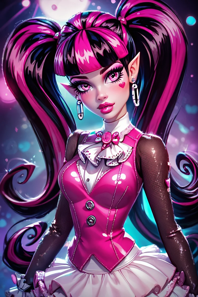 score_9, score_8_up, score_8, medium breasts, (curvy), cute, eyelashes, BREAK, , zzDraculaura, solo, twintails, multiclored hair, pink hair, black hair, pink eyes, pointy ears, earrings, fishnet sleeves, frilled sleeves, long sleeves, blunt bangs, monster high, pink vest, white skirt, pink knee boots, <lora:Draculaura_MH_PDXL_v5:1.0>, , BREAK, (ultra realistic,32k, masterpiece:1.2),(high detailed skin:1.1),( high quality:1.1), curvy, head tilt, hearts, blush, lips, closed mouth, curvy, head tilt, shiny clothes, (upper body), looking at viewer, bokeh, luminescent background, ,,, embedding:zPDXL, Expressiveh, ,,, <lora:RlAnmPDXL:1.0>,