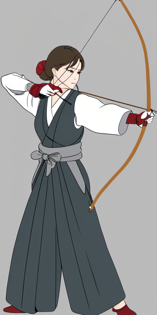 Bow, Japanese, kyudo, yumi, 1girl, solo, skirt, brown hair, gloves, holding, standing, full body, ponytail, weapon, japanese clothes, hakama, hakama skirt, single glove, bow \(weapon\), partially fingerless gloves, arrow \(projectile\), holding bow \(weapon\), aiming, holding arrow, drawing bow, archery, in the style of <lora:bow01_xl:1>