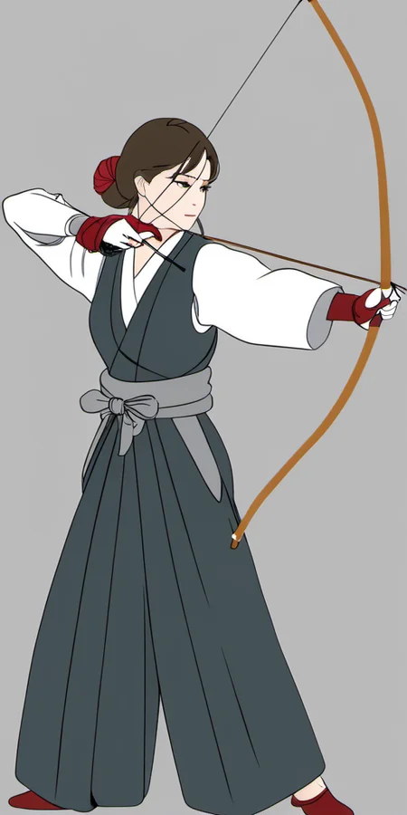 Bow, Japanese, kyudo, yumi, 1girl, solo, skirt, brown hair, gloves, holding, standing, full body, ponytail, weapon, japanese clothes, hakama, hakama skirt, single glove, bow \(weapon\), partially fingerless gloves, arrow \(projectile\), holding bow \(weapon\), aiming, holding arrow, drawing bow, archery, in the style of <lora:bow01_xl:1>