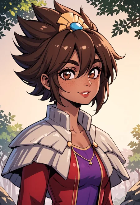 score_9, score_8_up, score_7_up, score_6_up, score_5_up, score_4_up, score_9, score_8_up, score_7_up, detailed, intricate details, chromatic aberration, veins source_anime, , (best quality) , (highly detailed) ,((masterpiece)), ((best quality)), (ultra-detailed), ((extremely detailed)), (high resolution), 4K, (8K), best quality, (beautiful), (dynamic lighting), (super detailed skin), sharp focus, (1_girl, solo focus), score_9,score_8_up,score_7_up,anime coloring, big eyes BREAK source_anime,anime, TaliyahLoLXL, dark skin, Dark skin female, dark skined, freckles, brown eyes, brown hair, short hair, sidelocks, hair between eyes, hair ornament, spiked hair, medium breasts, stone capelet, cape, red jacket, purple dress, solo, front view, (portrait, upper body), solo focus, seductive smile, looking at viewer, forest, tree <lora:TaliyahLoLXL:0.9>
(Upper body, portrait) , phantom_ix_row_style, masterpiece, best quality, <lora:PhantomIxRowStyle:0.9>, "Closer to artist's style"
