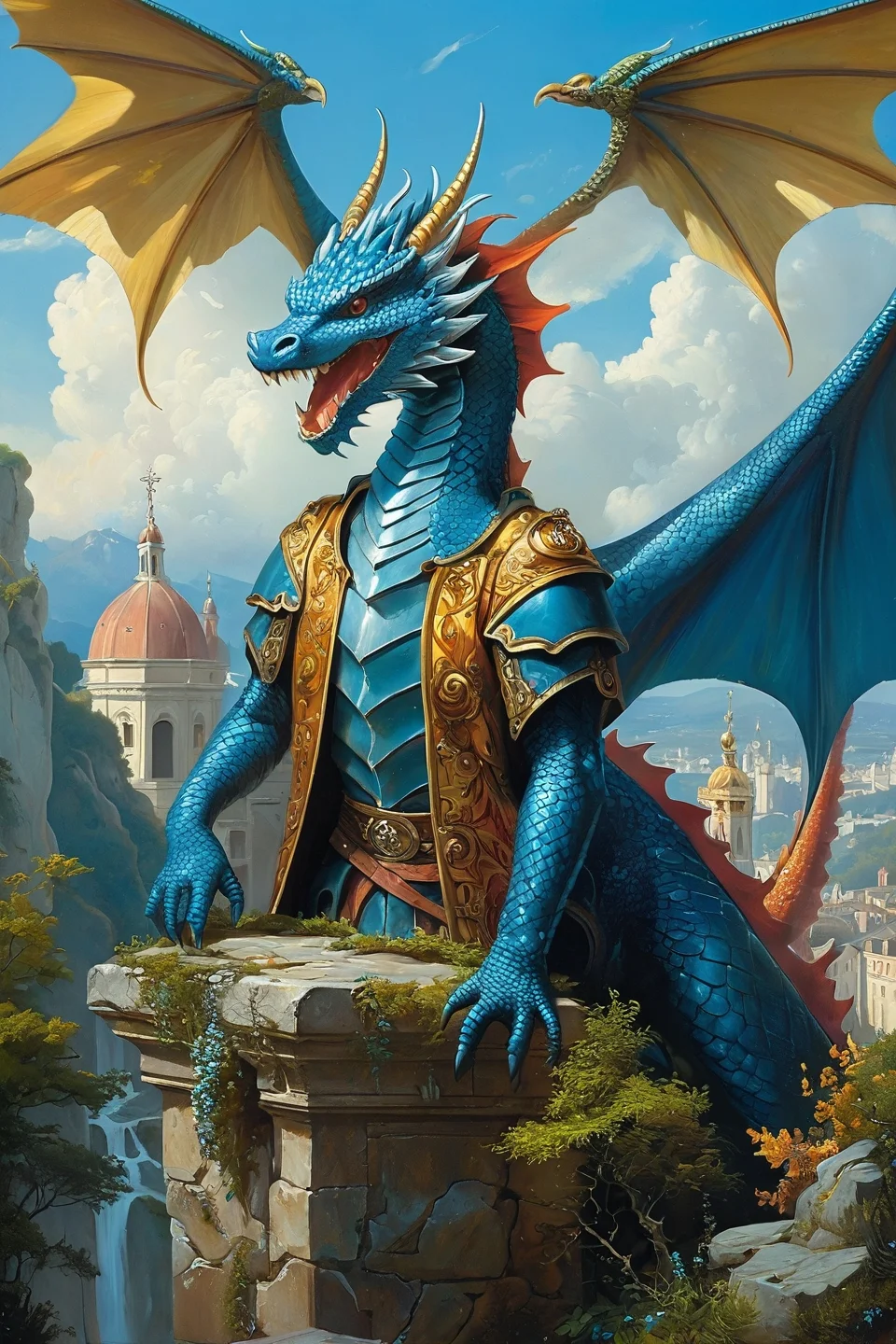 Baroque, Baroque, landscape,creator landscape, "half length portrait of a medieval fantasy anthropomorphic male blue dragon with electrcity magic, fantasy, d & d, high details, art by ( ( ( kuvshinov ilya ) ) ) and wayne barlowe and gustav klimt and artgerm and wlop and william - adolphe bouguereau",
<lora:clear:0.15> style of Michael Cheval.
<lora:greg_rutkowski_xl_2:0.3> greg rutkowski,
clear <lora:tbh129-sdxl:0.3>,
<lora:extremely_detailed:0.7> extremely detailed ,
<lora:add-detail-xl:0.7>,, Fantasy painting art style, imaginative, dynamic composition, professional-grade execution, creates immersive world and landscape, painterly, epic, magical, dramatic, exuberant, grandeur, baroque art, oil painting art style from Renaissance period, masterful composition, Renaissance mood, renaissance oil painting, brush strokes, dramatic, exuberant, grandeur, baroque art