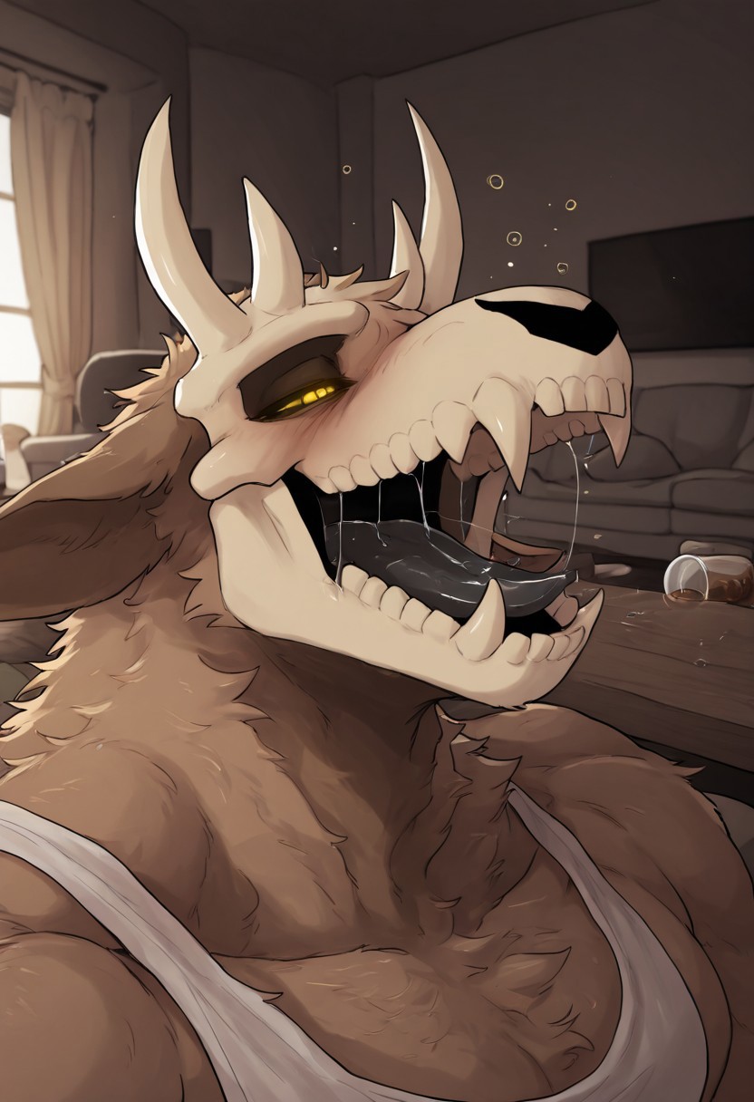 masterpiece, detailed background, best quality, absurd res, high detail, aesthetic, detailed eyes,
Becks, furry male, solo,  demon, skullhead, animal ears, face focus, light brown fur,, muscular male, yellow eyes, drunk, long tonge, black tongue, saliva,
Indoors,  living room, couch, morning, detailed background,