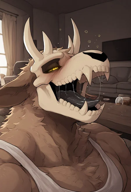 masterpiece, detailed background, best quality, absurd res, high detail, aesthetic, detailed eyes,
Becks, furry male, solo, demon, skullhead, animal ears, face focus, light brown fur,, muscular male, yellow eyes, drunk, long tonge, black tongue, saliva,
Indoors, living room, couch, morning, detailed background,