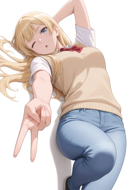 Smooth Quality,masterpiece,very intricate, high quality details, ultra realistic, high detailed skin,
simple background, white background,
dynamic angle,;o,gyaru v,lying down, hands behind head, one knee bent, relaxed expression, casual vibe,  ,
sweater vest, ,jeans, , 
<lora:Rembrandt_Sifcnn:0.8> RembrandtSif/cnn, 1girl, solo, long hair, blonde hair, blue eyes,