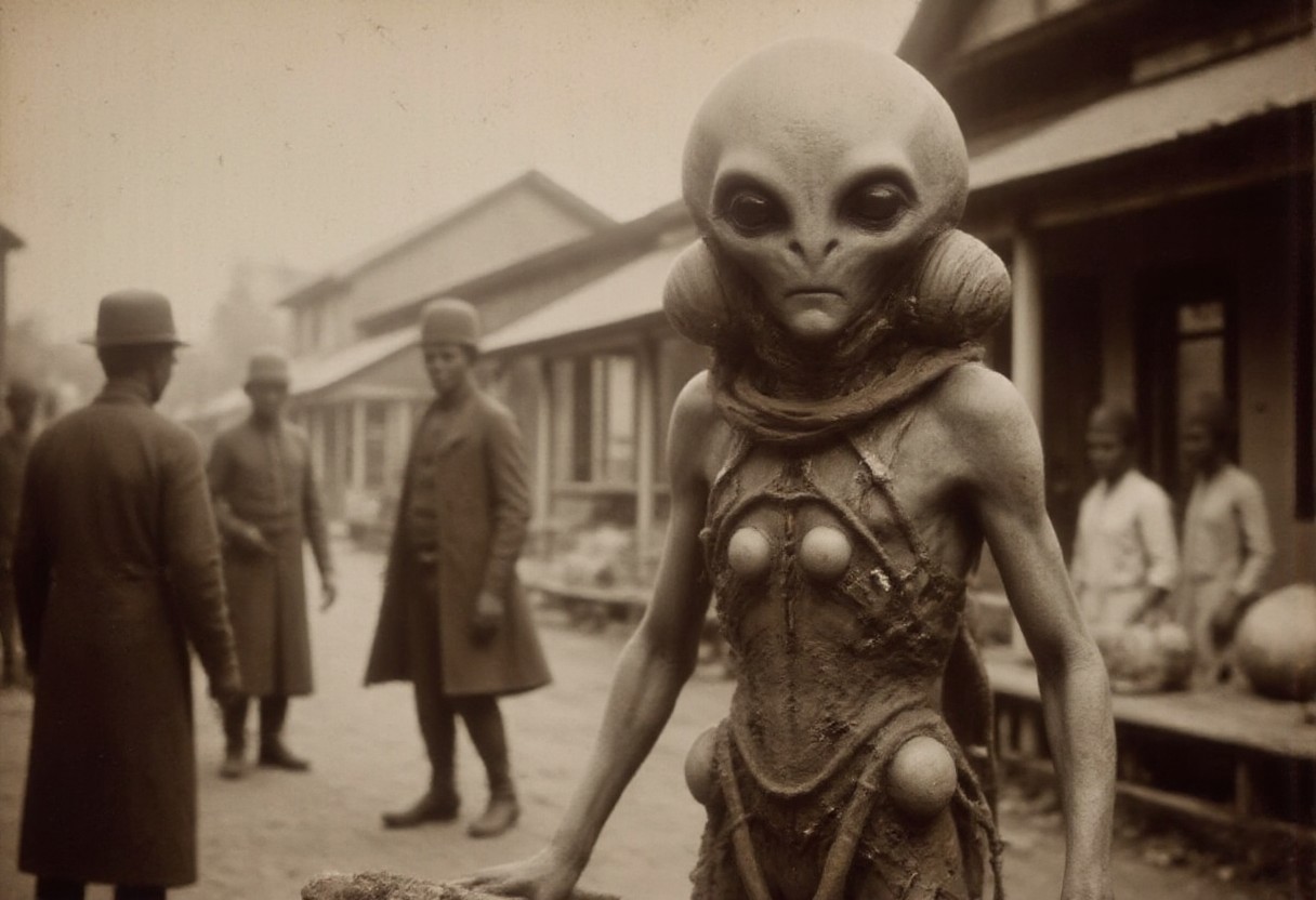 An aged worn sepia monochrome 1800s photograph of (a time traveling (alien) wearing a high tech sci-fi cybernetic battle armor with space helmet and lights and wires), bartering with merchants in a bustling 1800s marketplace., detailmaximizer