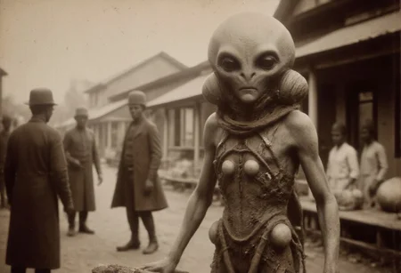 An aged worn sepia monochrome 1800s photograph of (a time traveling (alien) wearing a high tech sci-fi cybernetic battle armor with space helmet and lights and wires), bartering with merchants in a bustling 1800s marketplace., detailmaximizer