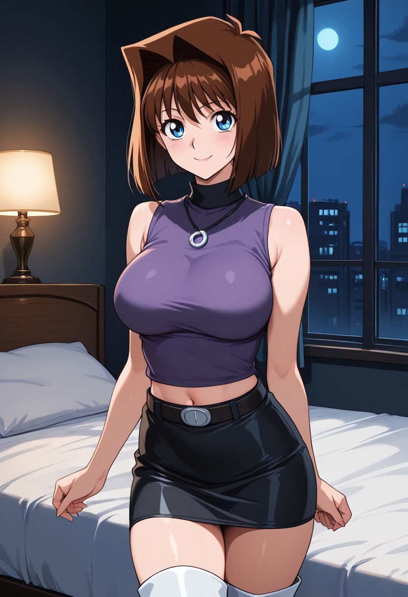 masterpiece, quality,8k,4K,Orochi anzu mazaki,1girl,solo, blue eyes, brown hair, short hair, ,turtleneck,Purple shirt ,black collar, sleeveless,  black skirt,navel, metal circle necklace,  belt, white boots,large breasts,smile, closed mouth,Interior, room, bed,  dark room, window, night light,cowboy shot,