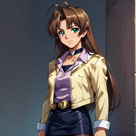 score_9, score_8_up, score_7_up, score_6_up, score_5_up, score_4_up, BREAK, <lora:Hibiki_amawa:0.7>, hibiki amawa, 1girl, solo, long hair, skirt, brown hair, long sleeves, jewelry, green eyes, jacket, pantyhose, choker, belt, antenna hair, pencil skirt <lora:RealisticAnime:1>