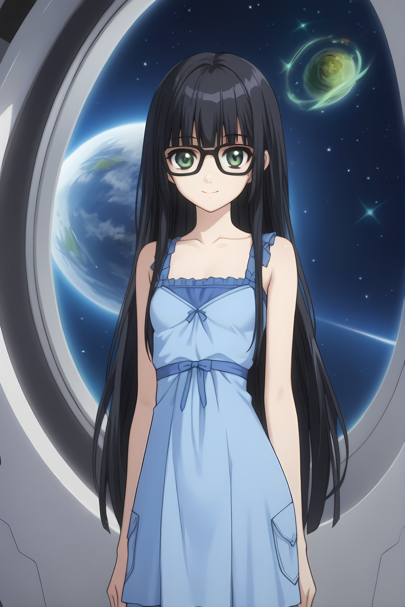 (blue dress:1.50), cpc-aoi, black hair, blunt bangs, long hair, green eyes, black glasses,
1girl, solo, skinny, (source_anime, score_9, score_8_up, score_8, score_7_up), score_7, score_6_up, score_6, score_5_up, score_5, 
(light smile:1.10),
(space:1.30),
(standing:1.60), (:1.20),
small breasts,
<lora:cpc-aoi-V01-000003:0.80>
