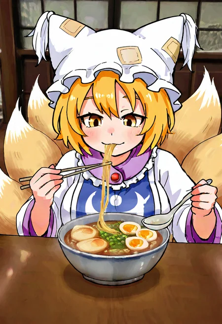 1girl, solo, closed mouth, upper body, fox tail, eating, table, mob cap, multiple tails, bowl, tabard, holding chopsticks, holding spoon, egg, noodles, ramen, egg \(food\), soup, yakumo ran, <lora:yoshiyuki_14330975:0.6>, <lora:photo_background:0.8>, photo background, restaurant