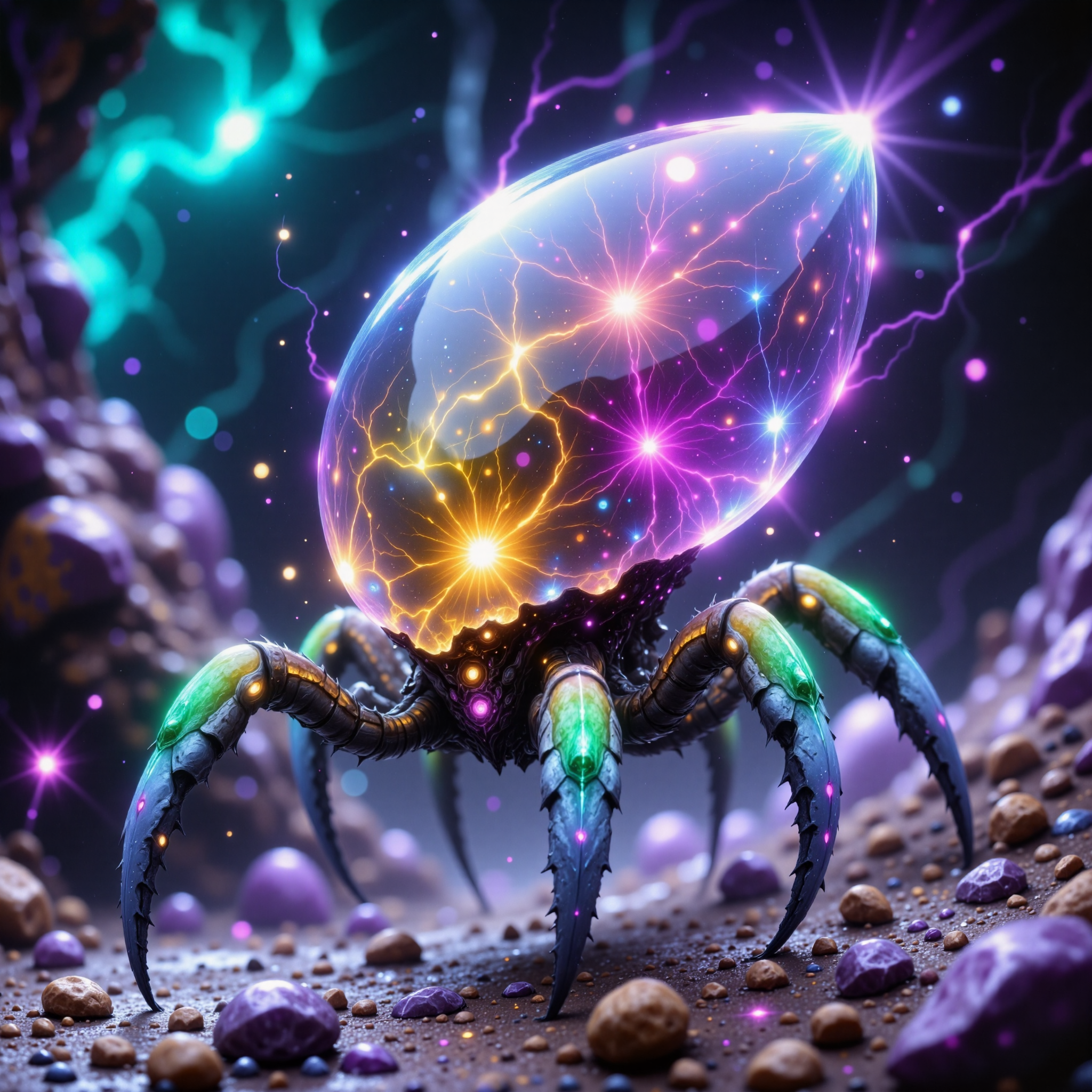 highly detailed, intricate, detailed background, award-winning macro photo, short depth of field, fractal art, the diminutive "four-legged flubterhans" is a bewildering and unique crystalline organism roaming the monkiflonged crystalline lands of its homeworld "koldberry tertius", its chromatic translucent exoskeleton shimmering with iridescent colors under a globbershmoggled tempestuous sky, dappled sunlight, neon hues, golden ratio, in the style of ck-ovf, amanoer, arsmjstyle, dnddarkestfantasy, aidmafluxpro1.1, 
<lora:style-oneviolentfantasy-ep21-flux-by_chronoknight:0.64> 
<lora:style-yoshitaka_amano-elden_ring-flux-by_alicient:0.4> 
<lora:style-dnd_dark_fantasy-flux-by_arsmachina:0.52> 
<lora:flux_pro1.1_detailer-v0.2-flux-by_aidma:0.56>