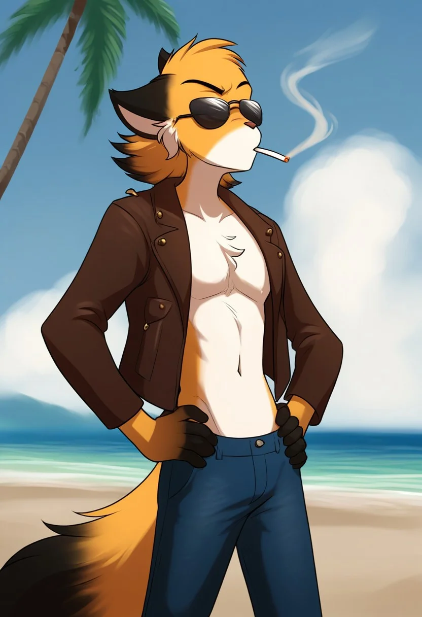 score_9, score_8_up, score_7_up, score_6_up,source_furry, rating_explicit, solo, solo focus, male, 1boy, standing, brown leather jacket, white shirt, black sunglasses, american jeans, serious expression, thin waist, flat stomach, serious pose, looking at viewer, hands on waist, fluffy tail, beach, resort, palm tree, mike-twokinds, smokes a cigarette, A cigarette in mouth, detailed, perfect fingers, five fingers