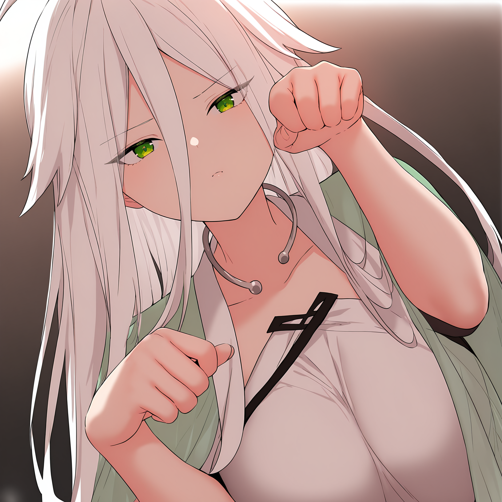 masterpiece,best quality,newest,absurdres,highres,<lora:noobai_ep11_stabilizer_v0.138_fp16:1>,murong_yuzhuo,<lora:Murong_Yuzhuo_v2:1>,white hair,green eyes,paw pose,