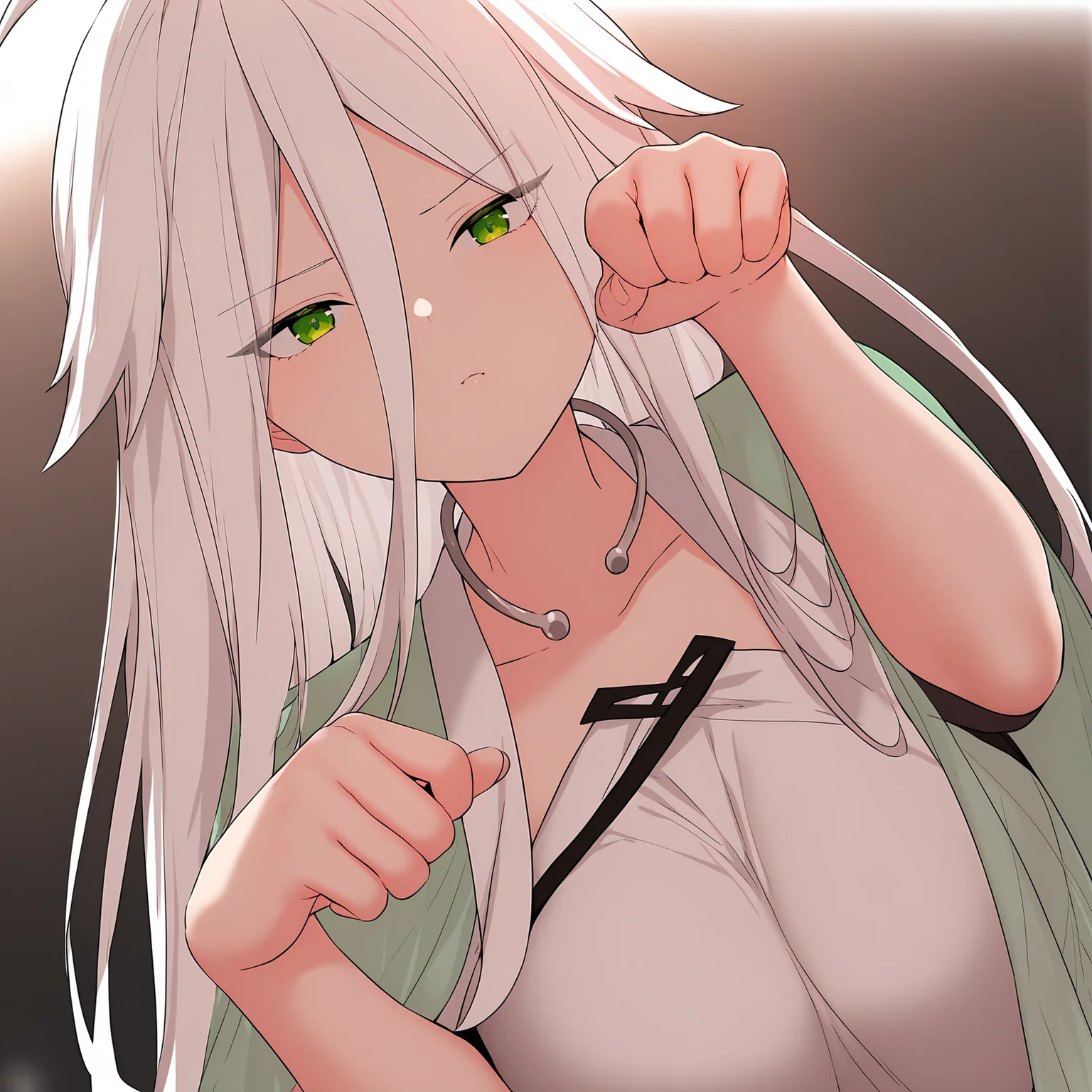 masterpiece,best quality,newest,absurdres,highres,<lora:noobai_ep11_stabilizer_v0.138_fp16:1>,murong_yuzhuo,<lora:Murong_Yuzhuo_v2:1>,white hair,green eyes,paw pose,