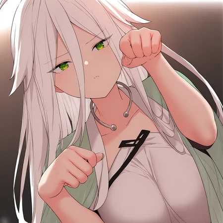 masterpiece,best quality,newest,absurdres,highres,<lora:noobai_ep11_stabilizer_v0.138_fp16:1>,murong_yuzhuo,<lora:Murong_Yuzhuo_v2:1>,white hair,green eyes,paw pose,