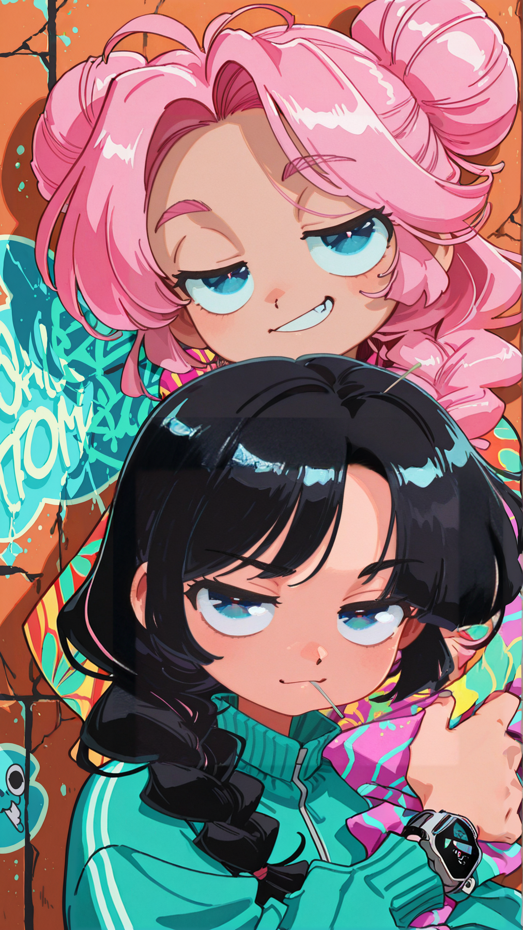 masterpiece, newest,absurdres,incredibly absurdres, best quality, amazing quality, very aesthetic, painterly, toon \(style\), 
2girls, portrait, blunt tresses, blue eyes, long hair, bun with braided base, black hair, pink hair, long hair, braided ponytail, colorful poncho, tracksuit, smirk, graffiti wall, cracked wall, orange wall, sticker, (hugging:1.2), digital watch, (toothpick:1.4), 
<lora:hrn_yc:1> hr2_yc_illu, <lora:t4kar4i_shunsuk3:1> t4kar4i_illu,