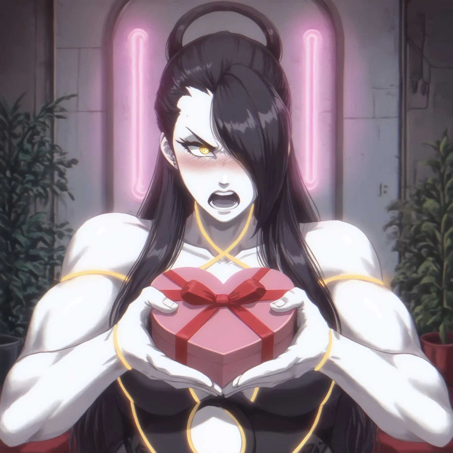 masterpiece, best quality, solo, 1girl, seth, muscular , cybernetic eyes , yellow eyes, glowing eyes ,yin yang orb, black hair, hair ring, bangs, hair covering left eye, long hair, neon trim, grey colored skin, grey lips, ,embarrassed, blushing, head looking away from viewer, ,in a dimly lit bedroom, plants on the windowsill, wall of plants, ,monstera plant, large plant, tidy bedroom, large room, cyber tech wires littering the room, cyberpunk city view out of the window, neon light, purple neon lights, , foggy outside .1990s \(style\),
<lora:heart-shaped-box-ponyxl-lora-nochekaiser:1>, heart-shaped box, holding, box, gift, valentine, incoming gift, closed eyes, blush, open mouth, outstretched arms, shouting, angry tsundere,