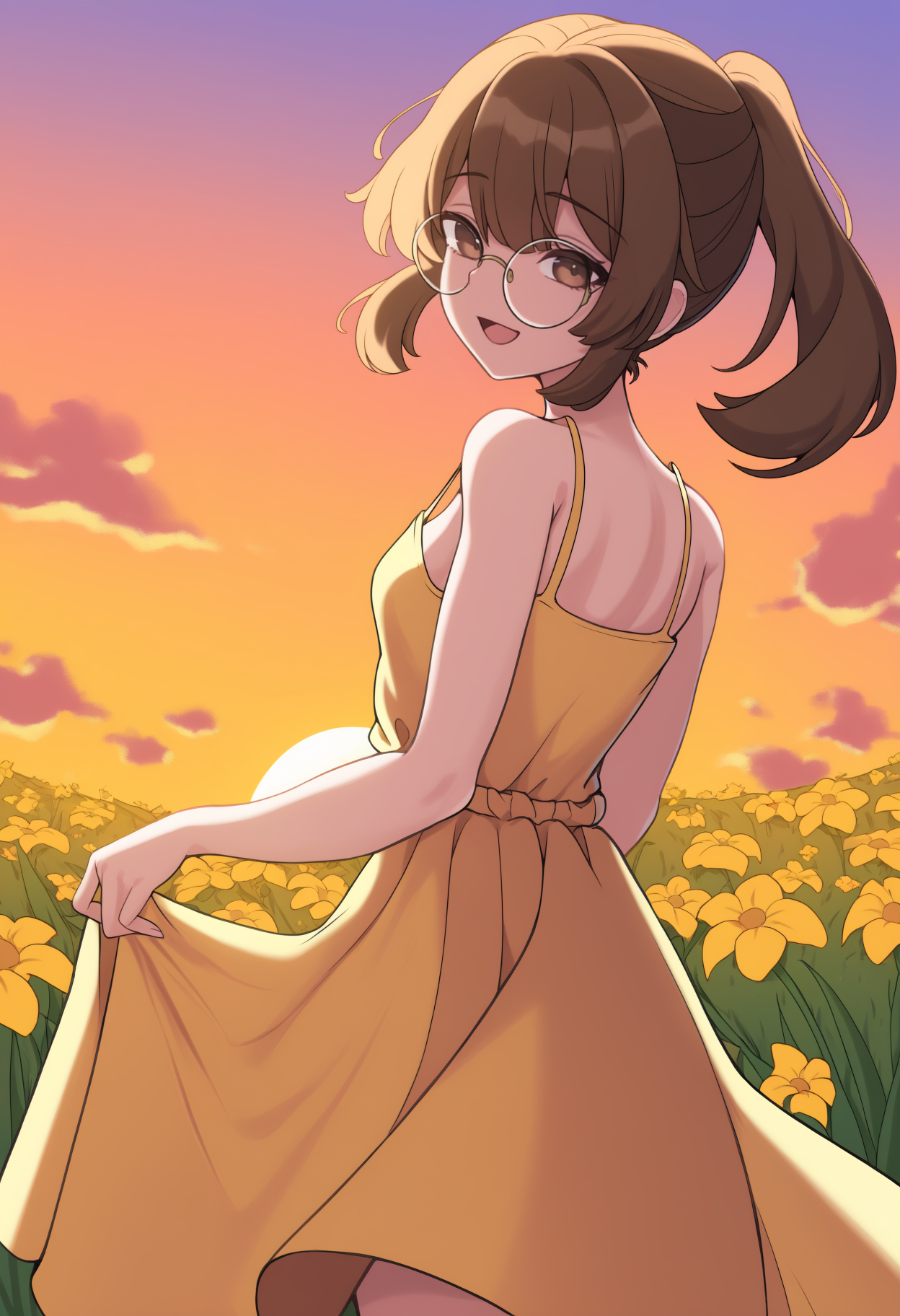 newest, from behind, solo, 1girl, smile, open mouth, looking back, looking at viewer, skirt hold, long hair, brown hair, ponytail, brown eyes, round eyewear, glasses, yellow sundress, spaghetti strap, bare shoulders, outdoors, sunset, cloud, grass, flower field
<segment:yolo-Anzhc Face seg 640 v3 y11n.pt,0.5,1//cid=11>