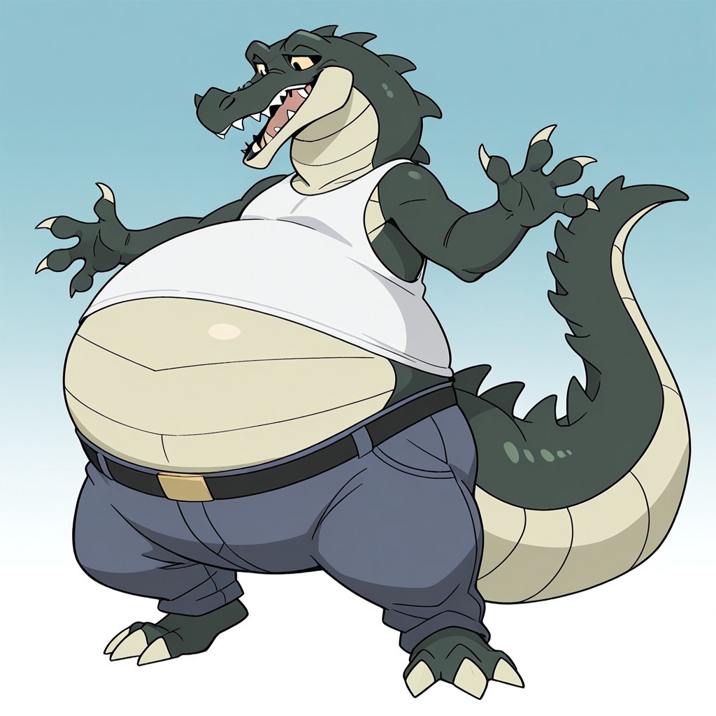 1boy, solo, official art, masterpiece, best quality, amazing quality, male, males only, male focus, Carv, crocodile, scalie, green skin, tan belly scales, head spikes, tail spikes, claws, tan claws, 4 fingers, 3 toes, tan sclera, black pupils, long snout, sharp teeth, long tail, bottom heavy, overweight, ((big belly:1.6)), white tank top, blue jeans, belt, male, solo, high quality, detailed, amazing shading, digital art, masterpiece