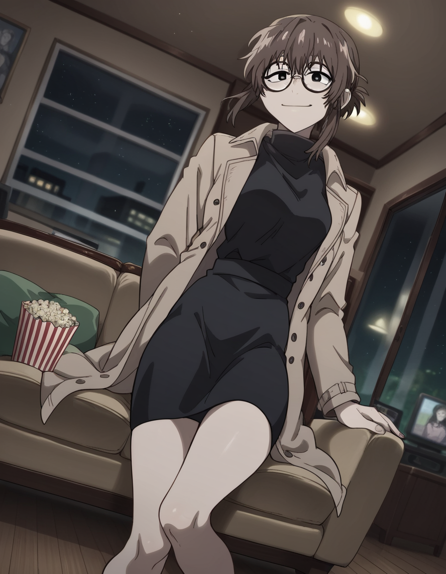 score_9, score_8_up, score_7_up, source_anime, <lora:anko-uguisu-s1-ponyxl-lora-nochekaiser:1>, anko uguisu, short hair, brown hair, glasses, black eyes,, dress, black dress, coat, turtleneck,, living room, television, couch, popcorn, watching movie, night time, sitting,, smile, , foot on tiptoe, hand behind back, elbow bent, solo,, cowboy shot, dutch angle