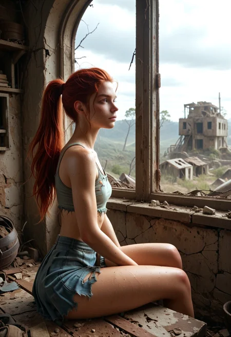 1woman, Masterpiece, 8k, ultra high detail, score_9, score_8_up, score_8, 21yo, small breast size, long red ponytail hair, fcNeg, stunning green eyes, freckles, white skin, small nose, innocent beauty, slim face, skinny athletic body, perfect body, supermodel, extreme detail, light Sweating,
Dirty skin, ready to fight, never giving up, dirty clothes, torn clothes,
Native Tribal clothes, Waterworld_clothes with long native_skirt_ripped_side,
Sitting inside a window_frame of a industrial ruin, cracked concrete, view from outside, huge_industrial_complex,
Heat_shimmer, wasteland, destroyed industrial_ruins, Collapsing buildings in near background,
End of the World, ruined industrial_zone
negative_hand, NightScapes,