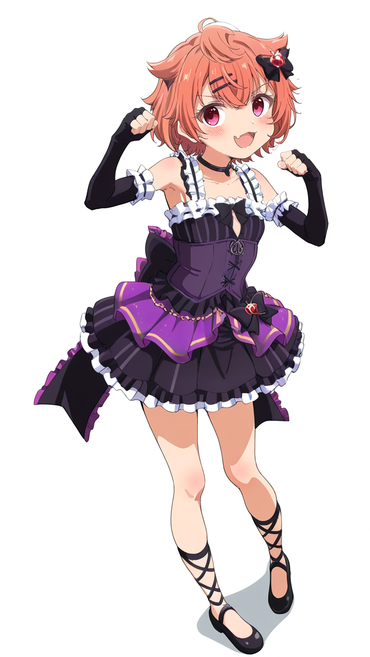 1girl,looking_at_viewer,smile,white_background,simple background,anime screenshot,sincos,<lora:Salsa_Illustrious_v4:1>,Salsa,hair ornament,fingerless gloves,fang,Salsa-idol,full body,paw pose,, masterpiece, best quality