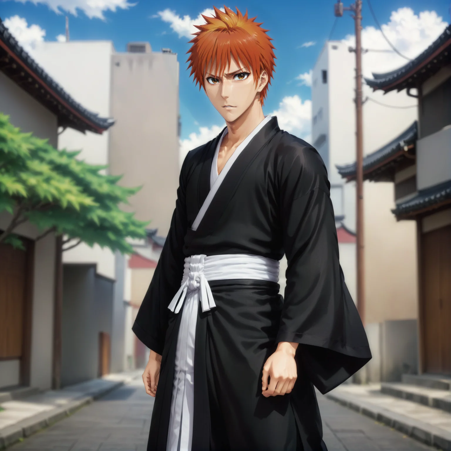 anime artwork kurosaki ichigo, <lora:ichigov2:0.8>, with (black kimono:1), in city, anime style, anime style, key visual, vibrant, studio anime, highly detailed