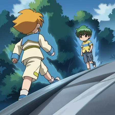 source_anime,anime screencap, anime coloring,intricate details,rating_safe, masterpiece, best quality,(best quality, absurd res, ultra detailed),,(4 finger:0.5),2boys, good eyes,perfect eyes,,detailed eyes, zPDXLxxx , zPDXL3,detailed, detailed face,<lora:add-detail-xl:2>,<lora:ApproachingMeMeme_pdxl_Incrs_v1:0.45> ApproachingMeMeme, dutch angle, walking,aura,outdoors,
BREAK yu_tendo, 1boy, orange hair, white jacket, long sleeves, yellow turtleneck, white shorts,shorts,,<lora:Yu_Tendo:0.8> ,
BREAK <lora:Kenta_Yumiya:0.9>, kenta, 1boy, child, male child, brown eyes, green hair, shorts, striped shirt, short sleeves, shoes,
