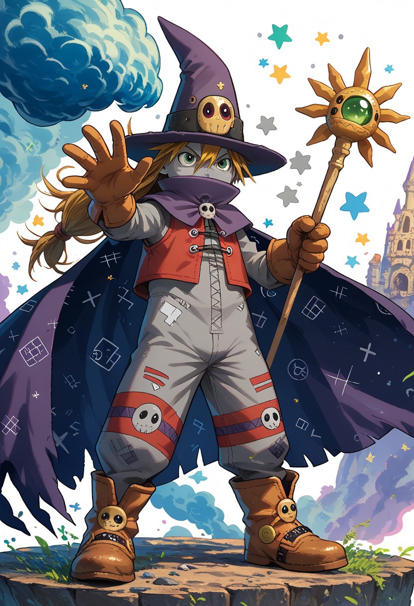 score_9, score_8_up, score_7_up, 1boy, solo, Wizardmon, digimon (creature), green eyes, blonde hair, long hair, grey skin, hat, cape, wand, staff, gloves, boots, MDS_Style
