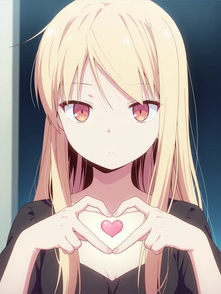 best quality,amazing quality,<lora:Mashiro_Shiina:1>,mashiro_shiina,blonde hair,small breasts,portrait,expressionless, black dress,shows heart with hands,
