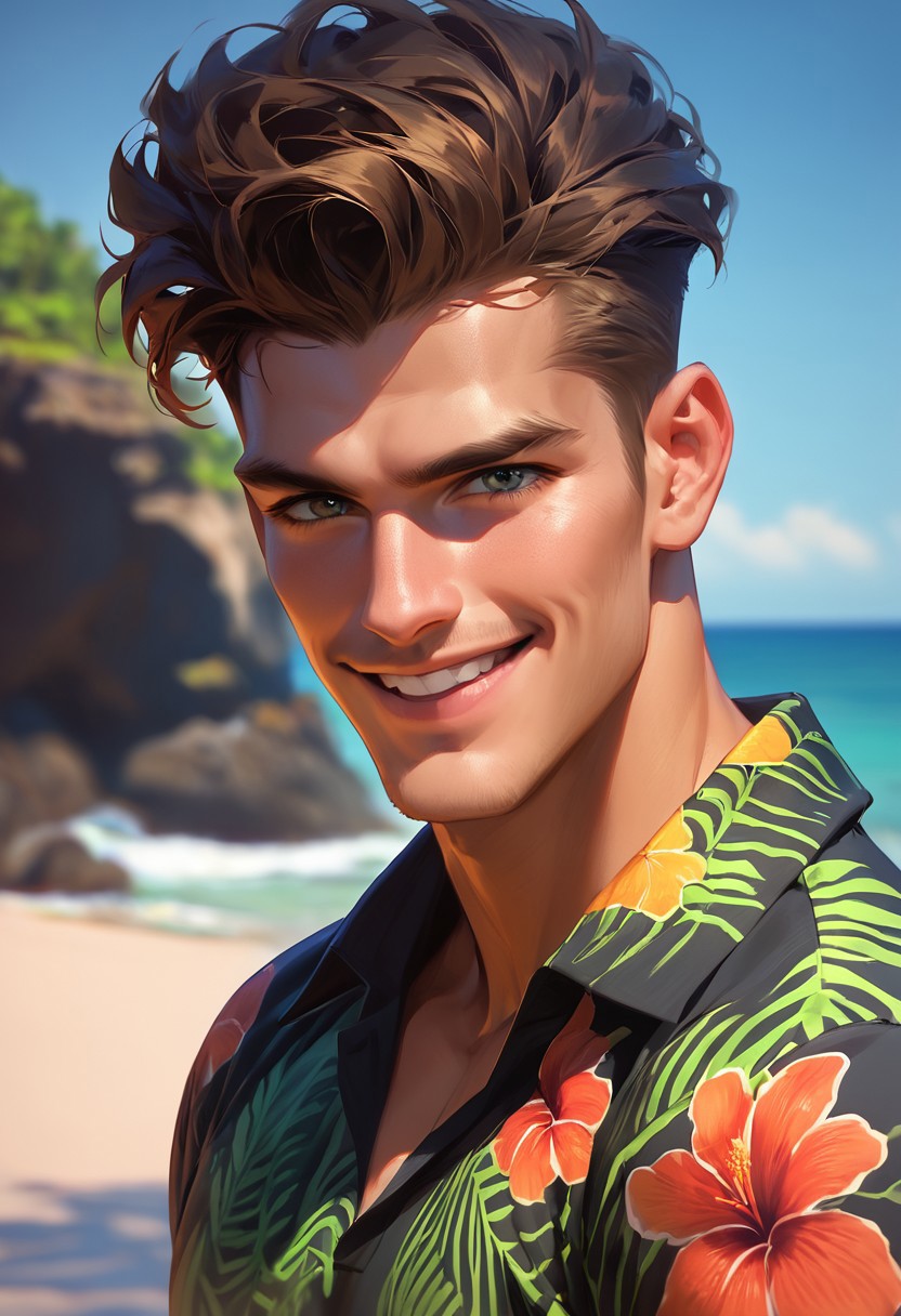 score_9,score_8_up,score_7_up, handsome 30 yo man posing, smile, black highandtight hair with fade, hawaii shirt, beach, upper body shot, looking at viewer