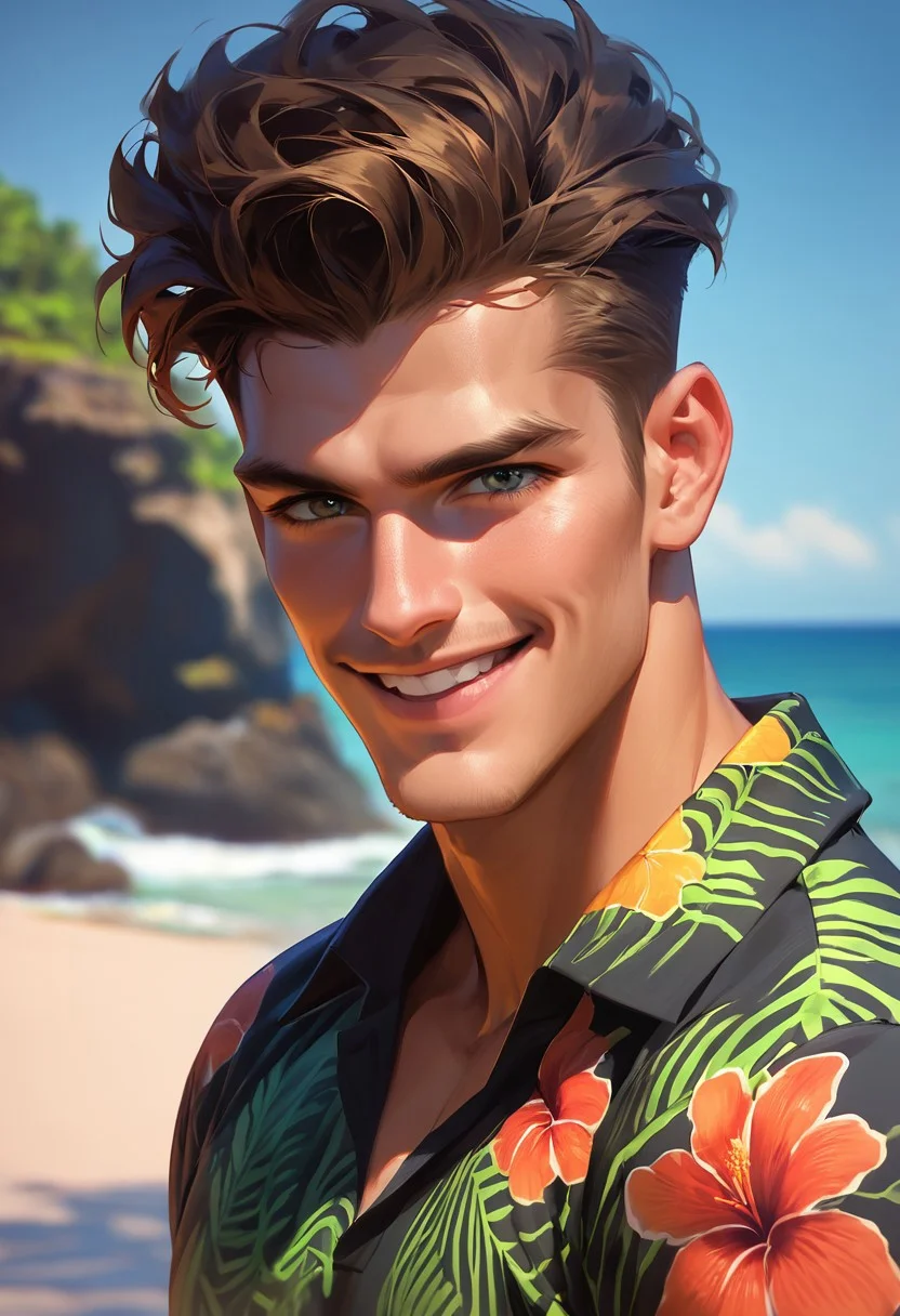 score_9,score_8_up,score_7_up, handsome 30 yo man posing, smile, black highandtight hair with fade, hawaii shirt, beach, upper body shot, looking at viewer