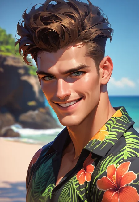 score_9,score_8_up,score_7_up, handsome 30 yo man posing, smile, black highandtight hair with fade, hawaii shirt, beach, upper body shot, looking at viewer