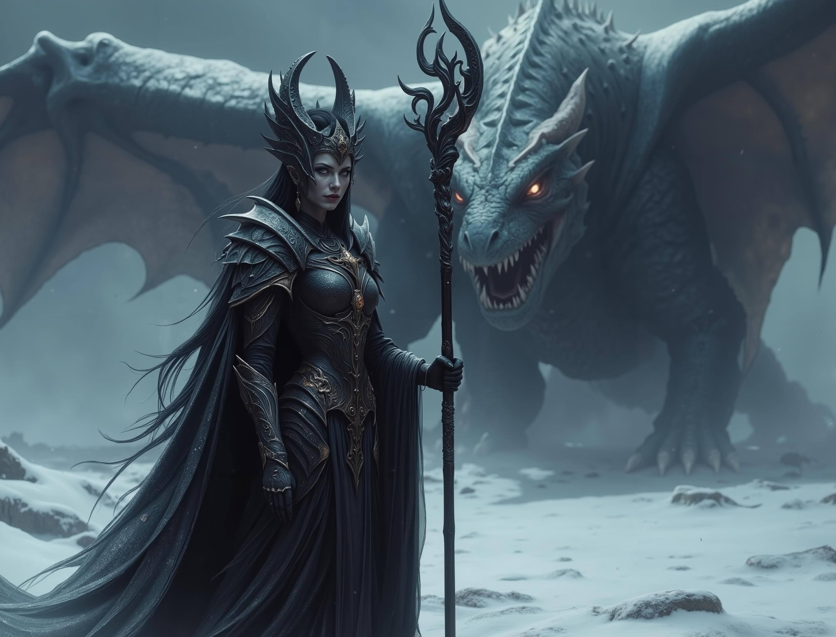 An atmospheric and powerful dark fantasy image,  classical style painting of a beautiful evil female warrior dressed in intricate dark armor.  She holds a powerful staff of dark magical steel.  She stands triumphantly in front of a large dragon in the snow. Cinematic shot in a snowy battlefield.
 