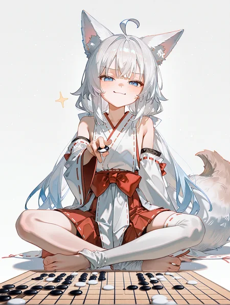 solo, 1girl, fox girl, white hair, blue eyes, flat chest, long hair, low twintails, bangs, fluffy tail, ahoge, nontraditional_miko, barefoot, single_sock, smug, go \(board game\), holding go stone, simple_background, white_background, sensitive, chyoel,solar,[kuzuvine],[[dino (dinoartforame)]],[[[ciloranko]]], masterpiece,best quality,newest,absurdres,highres,very awa,
