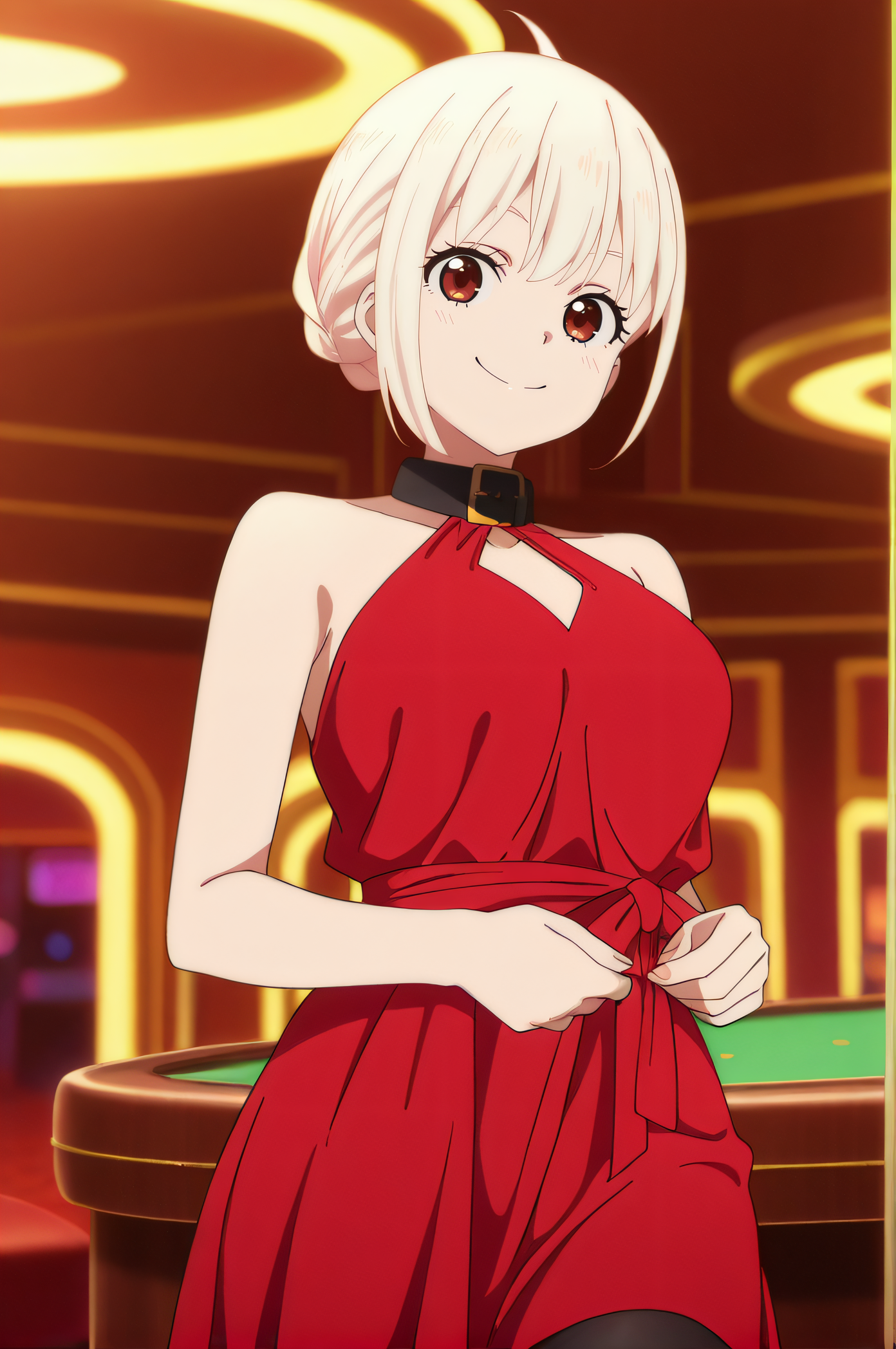 masterpiece, best quality, highres, newest, 1girl, solo, official style, anime screencap, <lora:Nishigiki_Chisato:1>, chisato, blonde hair, tied_hair, red eyes, black collar, red sleeveless dress, black pantyhose, indoor, casino, smile, cowboy shot, looking at viewer