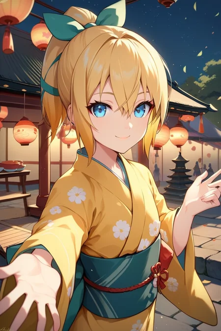 score_9, score_8_up, score_7_up, very aesthetic, source_anime, detailed, high quality, beautiful, masterpiece,
<lora:lightXL:0.8>
night, japanese shrine, festival, japenese festival,
cowboy shot, upper body, close up, first person view,
flat chest, light smile, hand reaching out, looking at viewer
<lora:edna_v05:1>
edna \(tales\), short hair, blonde hair, multicolored hair, orange hair, high ponytail, blue eyes, hair between eyes, yukata, yellow kimono, tabi,, zPDXL