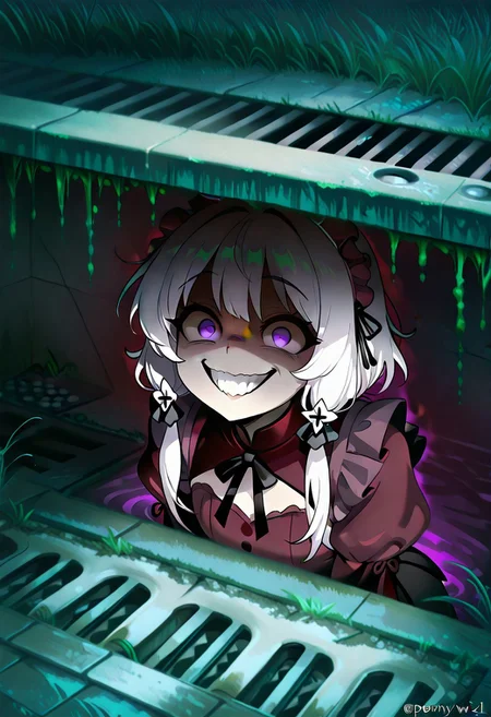 masterpiece, best quality, amazing quality,, <lora:CivChan_Illustrious:0.9> quality: masterpiece, extremely aesthetic, highly detailed, vibrant colors, vivid colors, saturated, crazy smile, <lora:pennywise-in-the-sewer-ponyxl-lora-nochekaiser:1>, pennywise in the sewer, pennywise in the sewer (meme), storm drain, sewer grate, grate, sewer, meme, concrete, grass, sidewalk,, <lora:evil-grin-ponyxl-lora-nochekaiser:1>, evil grin, evil smile, grin, evil eyes, crazy eyes, teeth, shaded face,,, , cowboy shot, solo