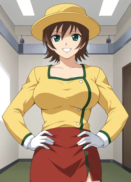 <lora:Rikako_Sawada-Kininaru_Kimochi:0.8>,Rikako,1girl,solo,brown hair,short hair,green eyes,large breasts,hat,yellow shirt,red skirt,gloves,cowboy shot,looking at viewer,indoors,smile,hands on own hips,