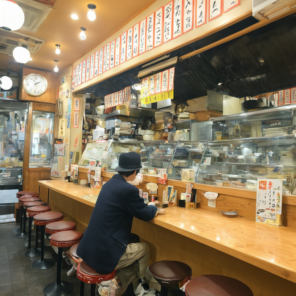masterpiece, best quality, ultra-detailed, illustration,
sakaba, stool, 1boy, indoors, solo, male focus, black hair, sitting, scenery, wide shot, shop, hat, chair, clock, shirt, pants, holding, shelf, table, scarf, ceiling light, japanese architecture, japan, realistic, photo background, photo (medium)
 <lora:taisyu_sakaba_SDXL_V2:1>