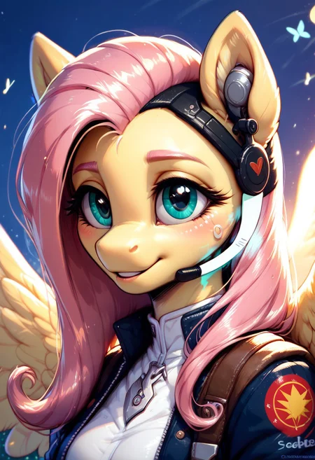 core_9, score_8_up, score_7_up, score_5_up, source_anime, Fluttershy, anthro, pony (masterpiece, best quality, ultra-detailed, cinematic lighting), with bright flowing hair of rainbow shades, in a sophisticated futuristic headset with glowing accents, musical notes, softly calm and emotions, bright colors blend imperceptibly in the background, dreamy and ethereal atmosphere, glowing neon highlights, soft bokeh effect, artistic light reflections.