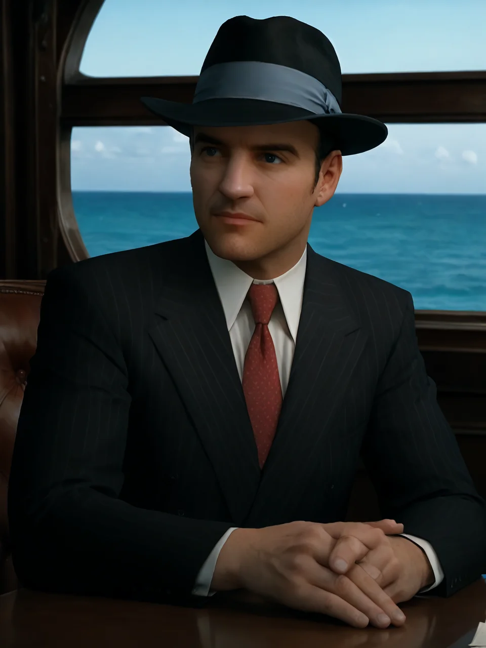 score_9, score_8_up, score_7_up, BREAK, TomAngelo, solo, 1boy, closed mouth, man, male focus, red necktie, formal, suit, black headwear, port, ships, sea <lora:Tommy_Angelo:1>