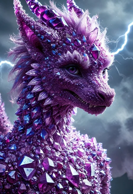 Score_9, score_8_up, score_7_up, hyperrealistic photograph, absurdres, highly detailed, a dragon made of sparkling amethyst crystals, chinese style dragon, soaring over roiling seas, foamy seas, stormy skies, lightning striking in the background,