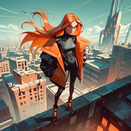 score_9, score_8_up, score_7_up, score_6_up, score_9, score_8_up, score_8, ultra-detailed, SH_Style, RobVal, 1girl, long hair, cybernetic eyes, orange eyes, futuristic city, saturated colors, long jacket, full body, rooftop, <lora:Sheeps_Styles:0.8>
