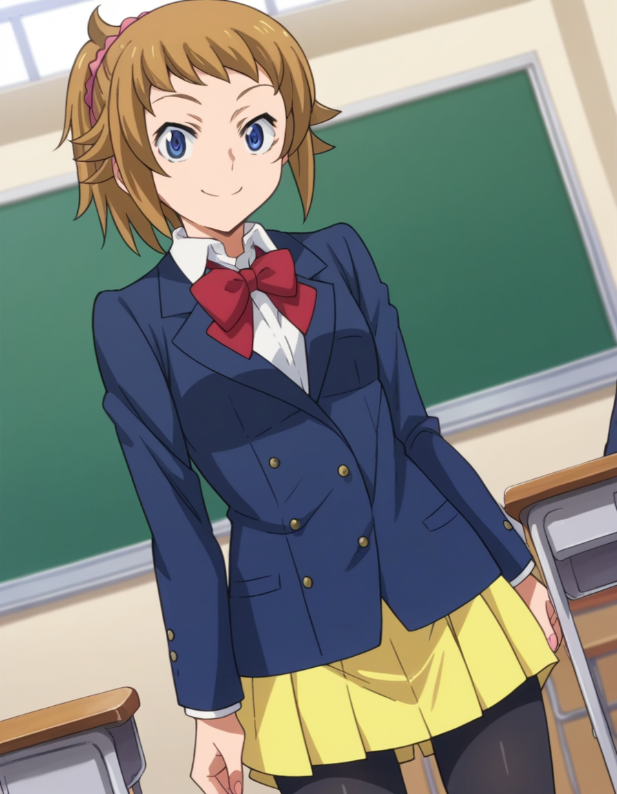 score_9, score_8_up, score_7_up, source_anime,
fuminahoshino, <lora:fumina-hoshino-s2-ponyxl-lora-nochekaiser:1>,
fumina hoshino, hoshino fumina, blue eyes, brown hair, ponytail, scrunchie,
skirt, school uniform, jacket, pantyhose, blazer, bike shorts, shirt, white shirt, collared shirt, bow, red bowtie,
indoors, classroom, smile,
looking at viewer, dutch angle, cowboy shot,