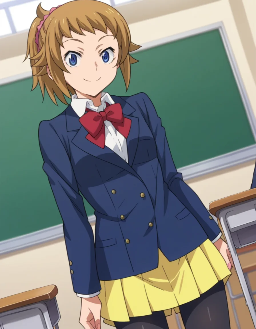 score_9, score_8_up, score_7_up, source_anime,
fuminahoshino, <lora:fumina-hoshino-s2-ponyxl-lora-nochekaiser:1>,
fumina hoshino, hoshino fumina, blue eyes, brown hair, ponytail, scrunchie,
skirt, school uniform, jacket, pantyhose, blazer, bike shorts, shirt, white shirt, collared shirt, bow, red bowtie,
indoors, classroom, smile,
looking at viewer, dutch angle, cowboy shot,