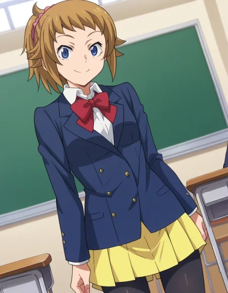 score_9, score_8_up, score_7_up, source_anime,
fuminahoshino, <lora:fumina-hoshino-s2-ponyxl-lora-nochekaiser:1>,
fumina hoshino, hoshino fumina, blue eyes, brown hair, ponytail, scrunchie,
skirt, school uniform, jacket, pantyhose, blazer, bike shorts, shirt, white shirt, collared shirt, bow, red bowtie,
indoors, classroom, smile,
looking at viewer, dutch angle, cowboy shot,